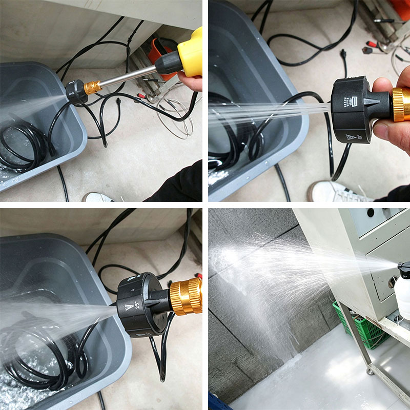 Factory lab performance test photos, actual water spray output test of cordless high‑pressure car washer under different nozzle settings